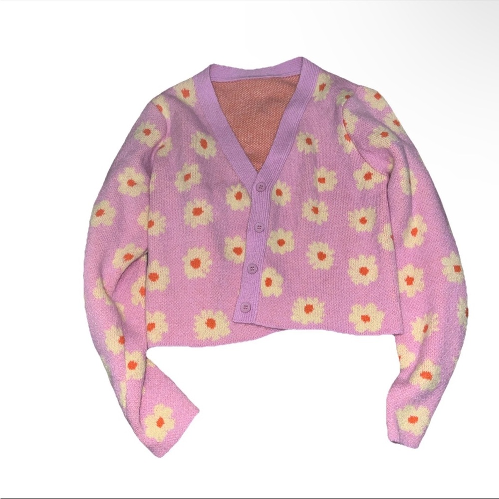 Floral Pink Cardigan Sweater Women’s OS One Size Daisy Flower Winter Long Sleeve